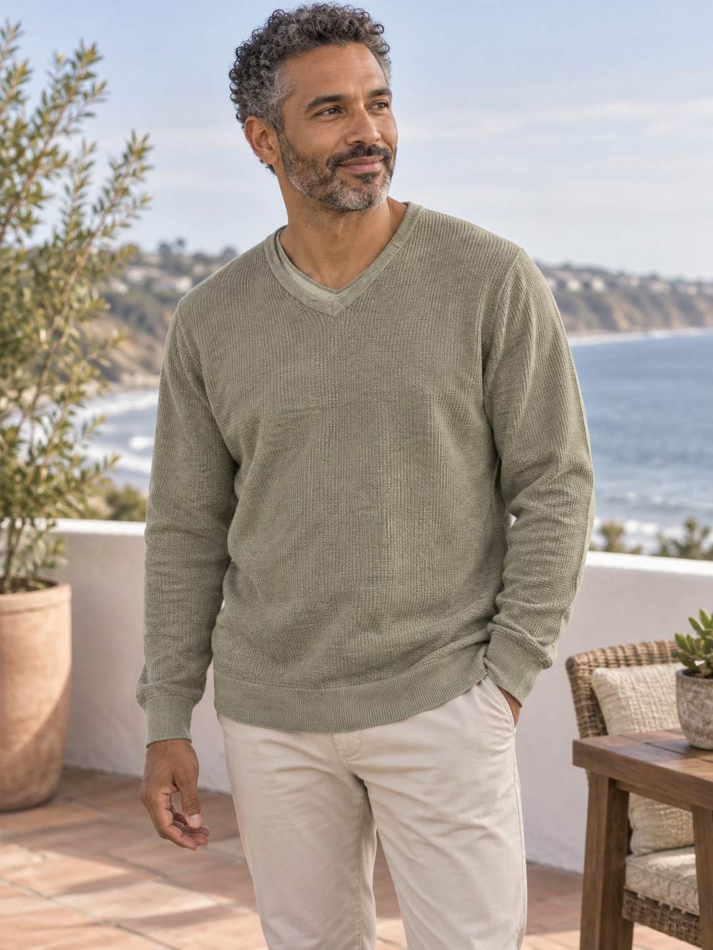 Tommy Bahama Olive Gray Cotton V-Neck Sweater Size M
